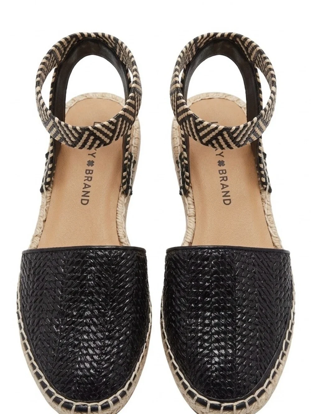 Lucky Brand Renka Black Leather Espadrille Ankle Strap Sandals Boho Chevron